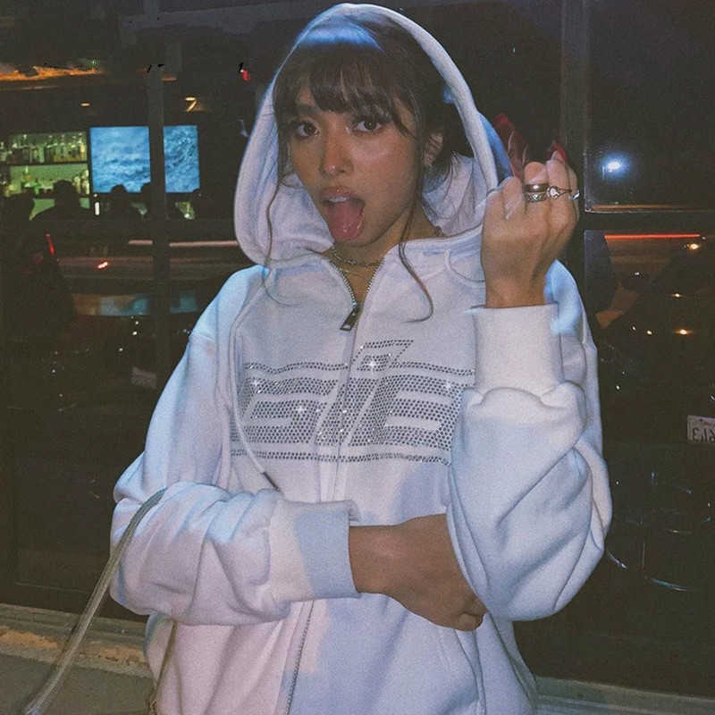 

Women' Hoodies Sweatshirts Y2k E-girl Fashion Zipper Oversized Vintage Solid Letter Long Sleeve Black Spring Women Hooded 210529, White