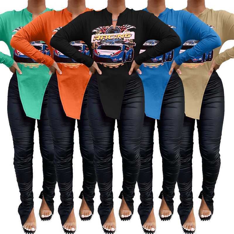 

Womens Autumn Casual Loose Irregular Long T-Shirt Printed V-Neck Long Sleeve T-shirt Top, Orange-red