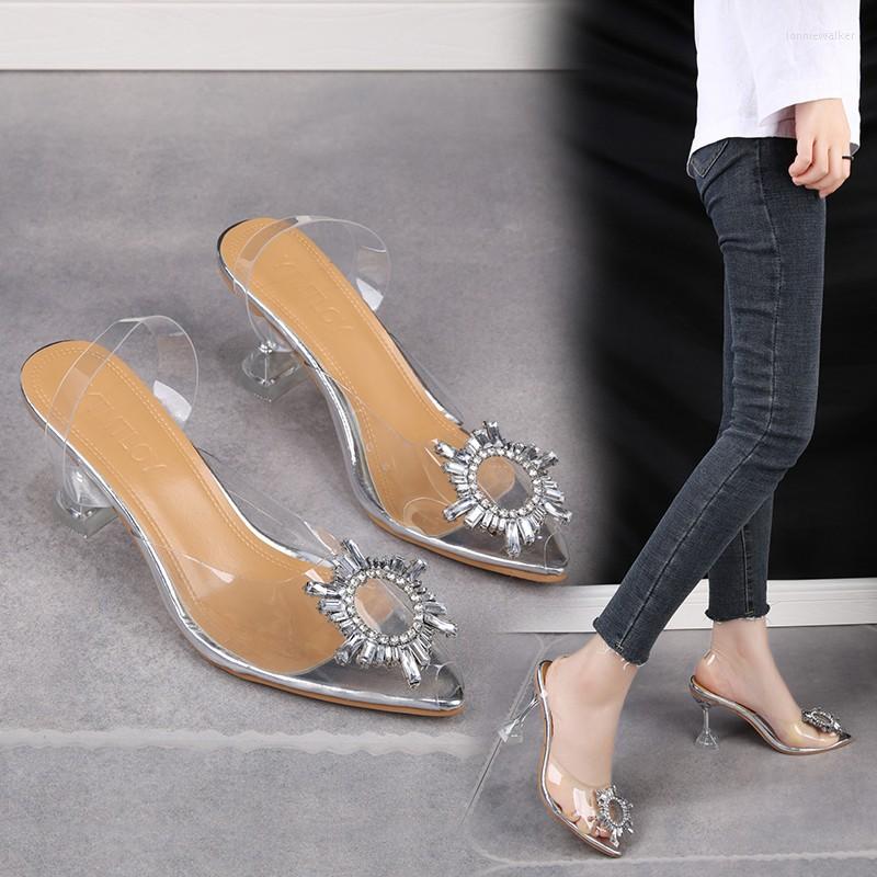 

Sandals 2022 Female Fashion High Heels Pointed Comfortable PVC Slip On Shoes For Women Summer Transparent Middle Heel Pumps, 7cm