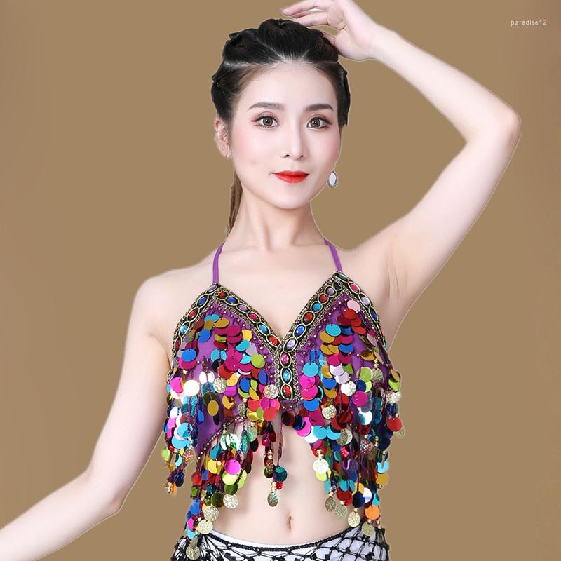 

Stage Wear Belly Dance Costume Sequin Coin Top Bra Tribal Crop Halloween Gift Colour 11, Black
