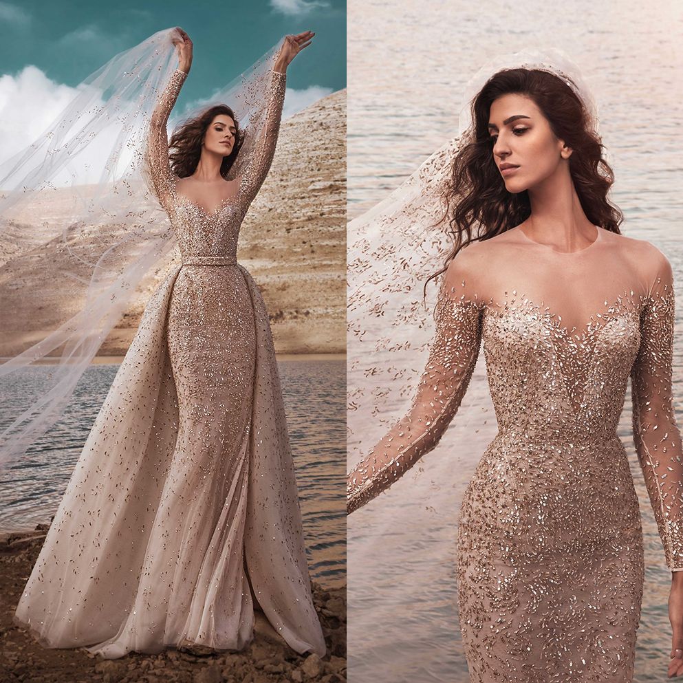 

Elegant Mermaid Evening Dresses Scoop Neck Full Sleeve Prom Dress Simple Classic Beads Crystal Formal Party Gowns, Sage