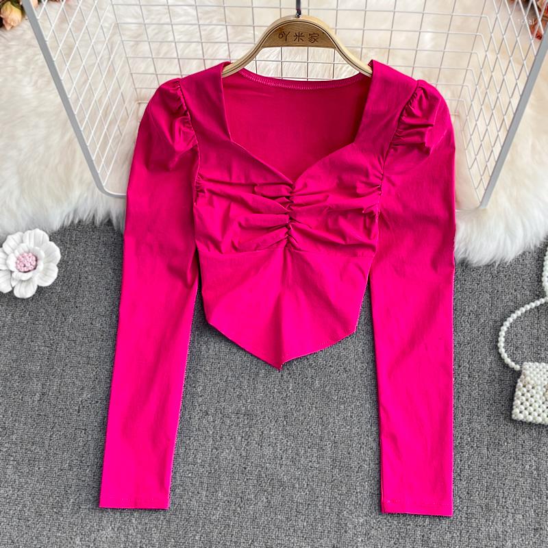 

Women's Blouses Woman Long Sleeve Blusas Women Crop Top Pleated Shirts Sexy Irregular Tops Korean Fashion, Green