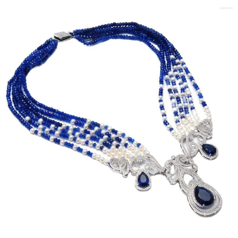 

Chains GuaiGuai Jewelry 20" 6 Strands White Pearl Blue Agate Necklace CZ Pendant