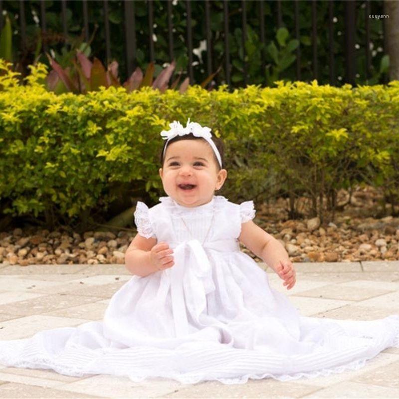 

Girl Dresses White Baby Baptism Gown Lace Beautiful Pleated Handmade Bow Ribbons Birthday Dress