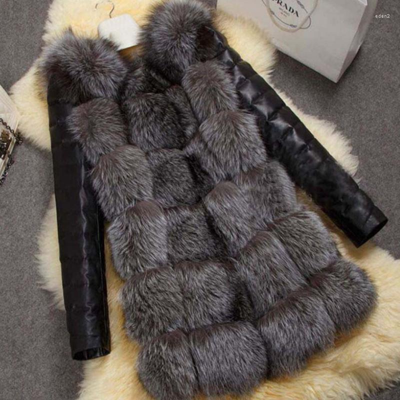 

Women' Fur Spring / Autumn Women' Fashion Personality PLus Size Medium And Long Casual Stitching PU Sleeve Imitation Mink Jacket -7XL, Dark grey