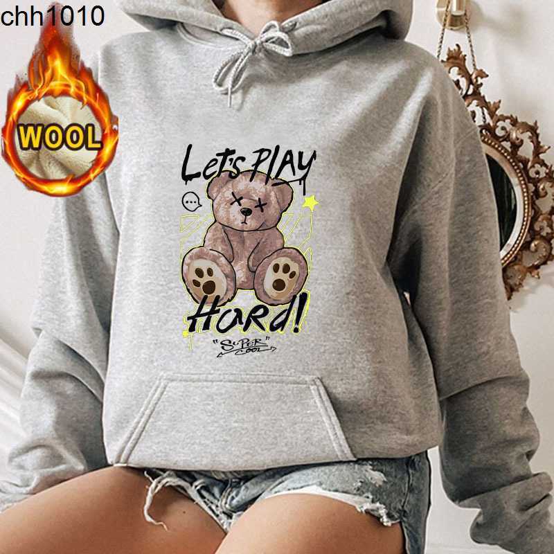 

Let's classic PLAYS HARD Letter Printing Plush Hoodie Fashion Bear Long Sleeve Sweater Women Sport is essential, Navy blue
