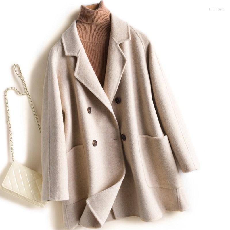 

Women' Wool Women' & Blends Women Winter Coat 2022 Double Sided Cashmere Spring Short Woolen Coats Breasted Two Big Pockets Warm, See chart