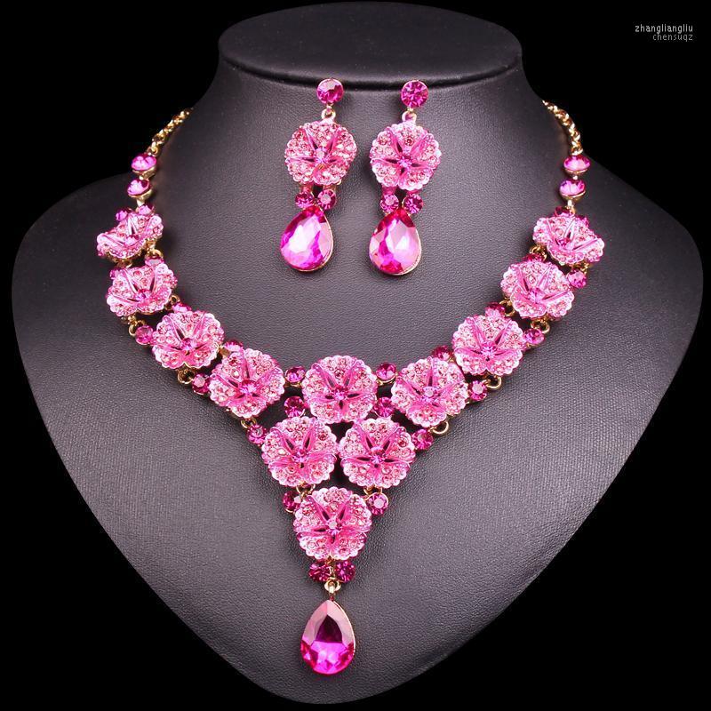 

Necklace Earrings Set & Fashion Pink Flowers Crystal Bridal Wedding Party Prom Costume For Brides Bridesmaids, Picture shown
