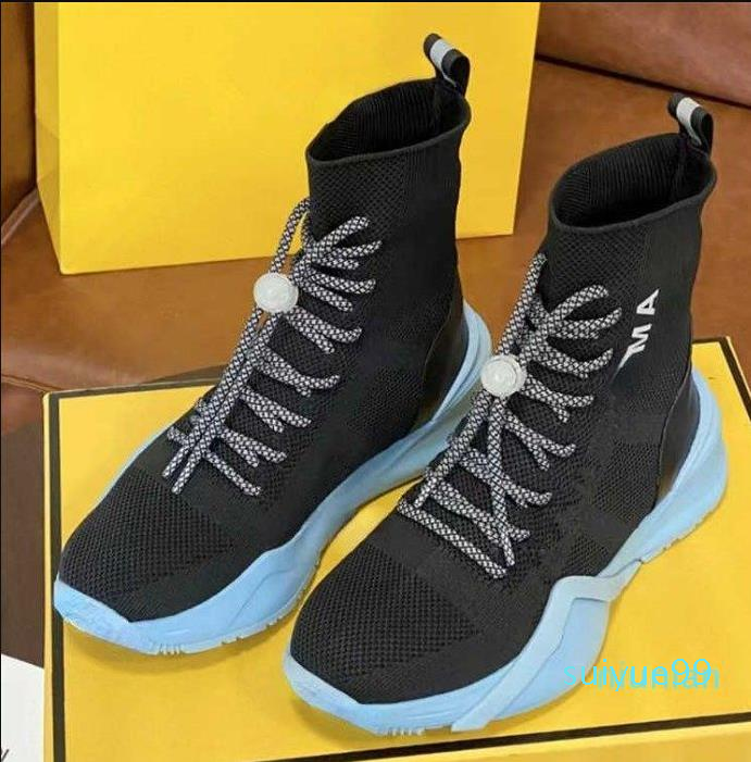 

Casual Shoes Knitted elastic flat bottom sock Martin boots for women in autumn winter of style fashionable, Black blue 4.5cm