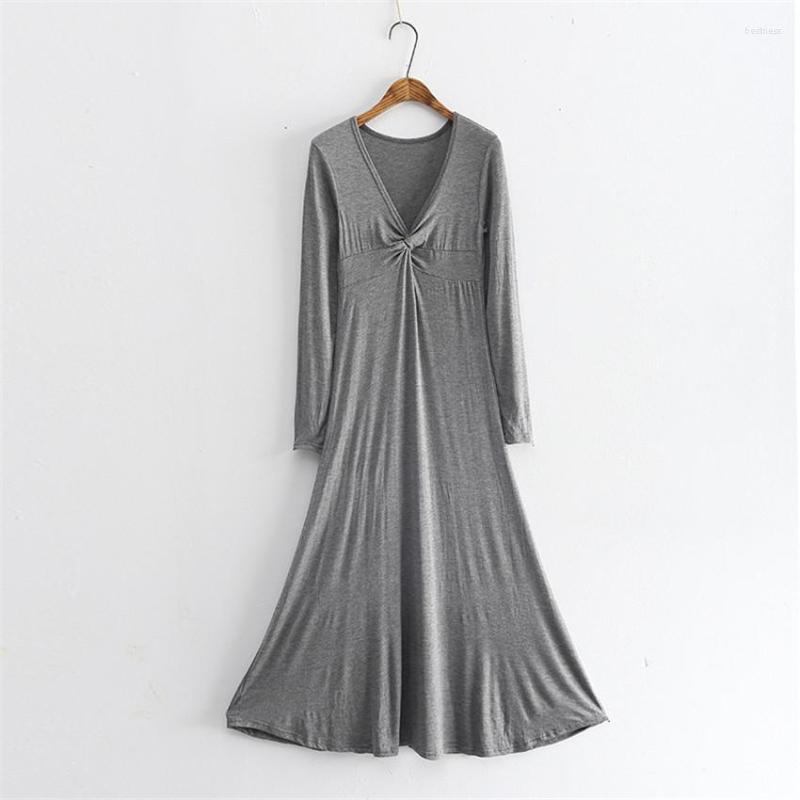 

Casual Dresses Gowyimmes Elegant Women Modal Dress Long Sleeve V-neck Vestidos Lady Bow Black Grey Winter Bottomings PD104
