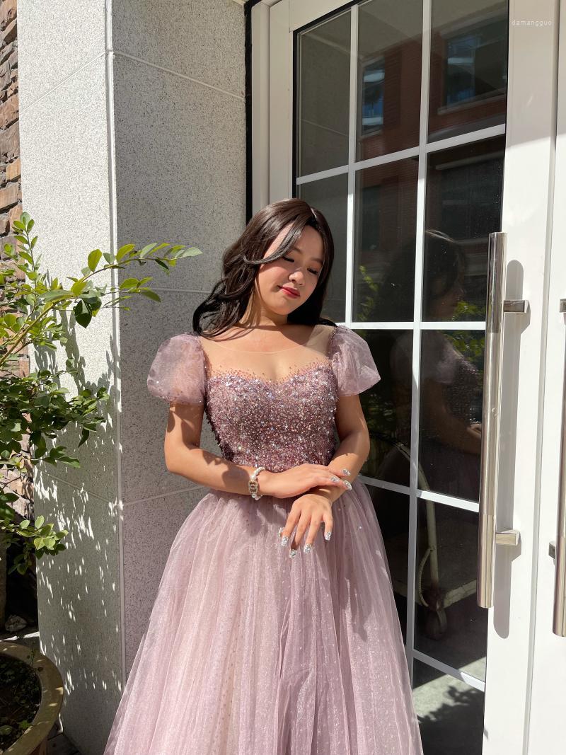 

Party Dresses Purple Puff Sleeves A-Line For Women Evening Dress Long Luxury 2022 Wedding Beading With Diamond PartyParty, Gold