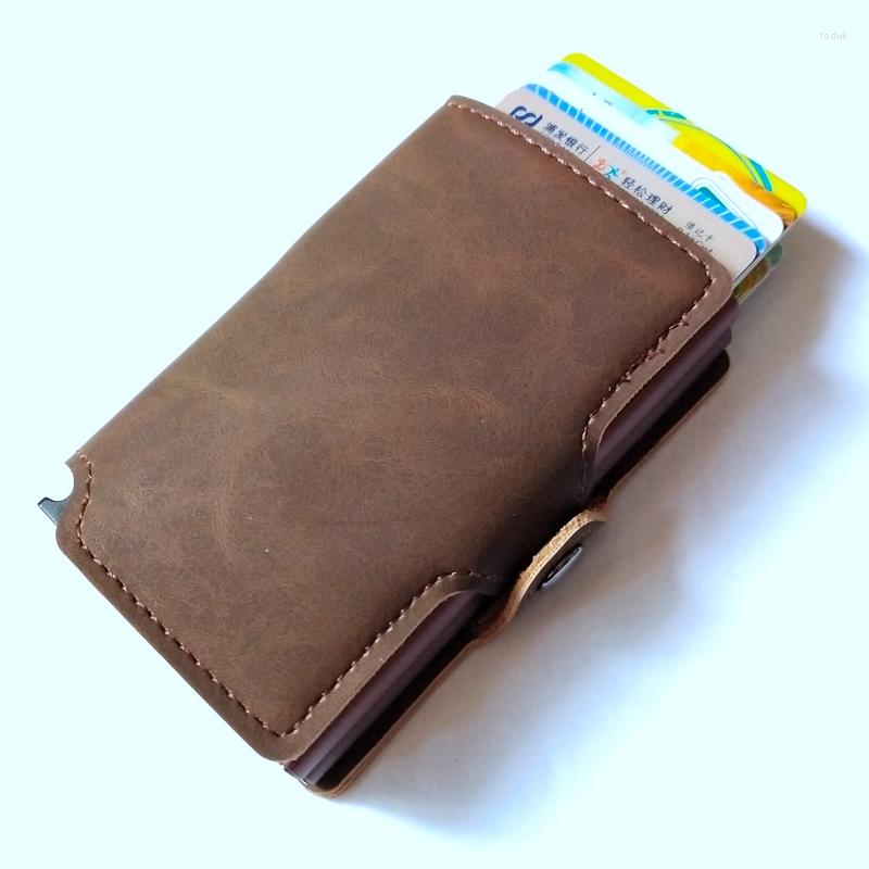 

Card Holders Anti Rfid Protection Men Women Id Holder Wallet Metal Leather Aluminum Business Bank Case CreditCard Cardholder, Brown double wallet
