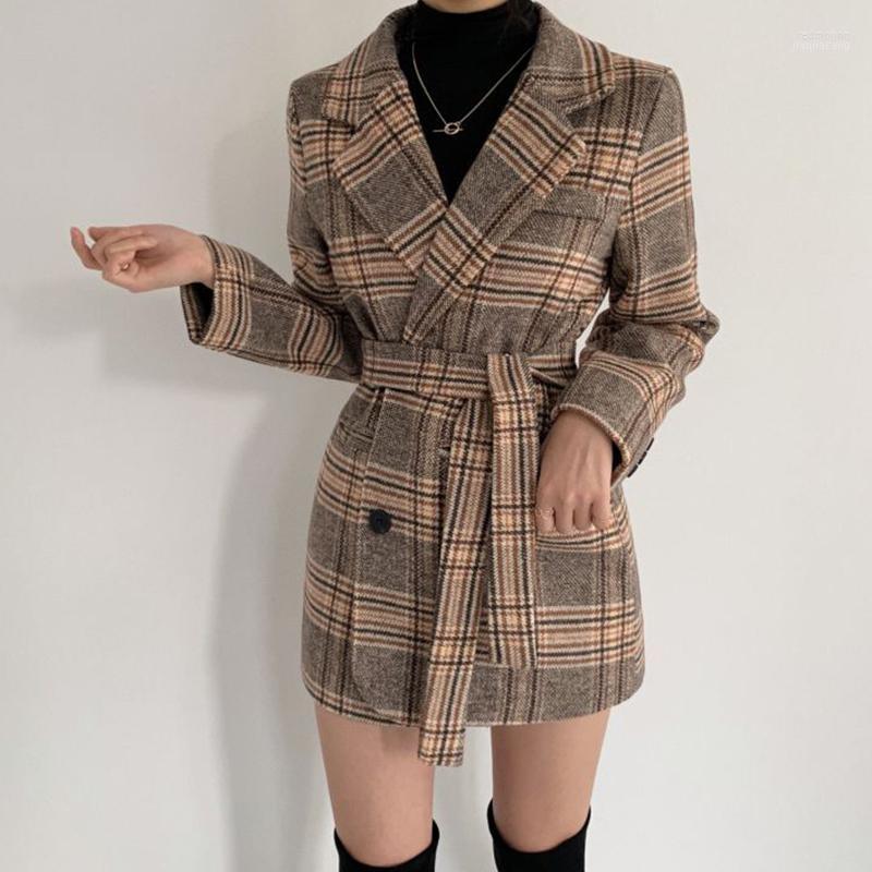

Women' Wool Women' & Blends Autumn Winter Vintage Plaid Woolen Coat Women Turn Down Collar Button Bandage Coats Woman Streetwear, Blue