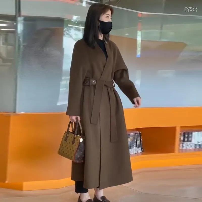 

Women' Wool Women' & Blends 2022 Autumn Winter European Goods Double-sided Cashmere Coat V-neck Mid-length Over-the-knee Loose Woolen, Black