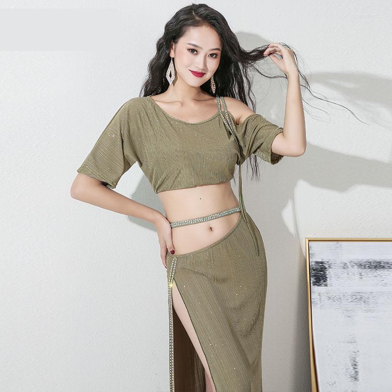 

Stage Wear Bellydance Lce Silke Off-shoulder Belly Dance Placketing Paillette Skirt 2pcs Set For Women Performance Wears Costumes ZM324, Black