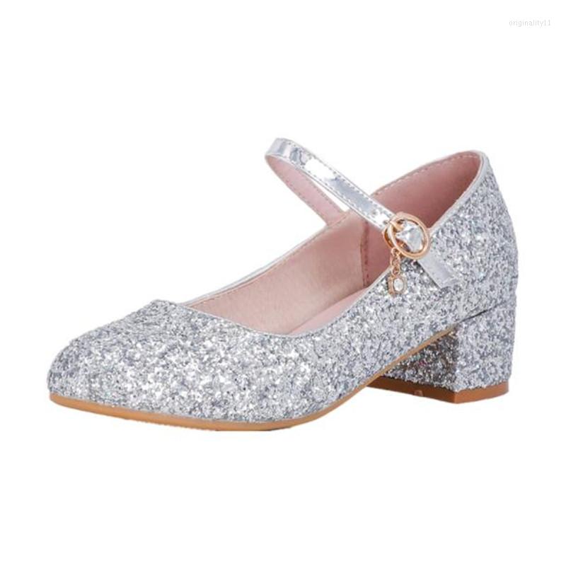 

Flat Shoes Girls Crystal Princess Black Leather Children High Heel Thick Party Performance Rubber Sole Kids Shoe, White