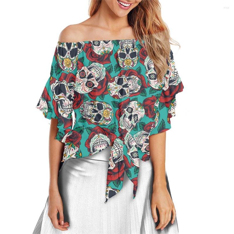 

Women' Blouses Chiffon Blouse Mexican Skull Tattoos Calavera Special Style Print Custom Off Shoulder Top Ladies 2022 Summer Bowknot T-Shirt, Wmy22061712x13