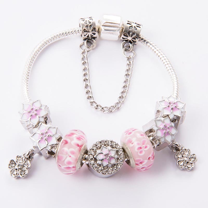 

Fashion 925 Sterling Silver Pink Cherry Blossom Flower Murano Lampwork Glass & European Charm Beads Five Petals Flower Magnolia Dangle Fits Pandora Charm Bracelets