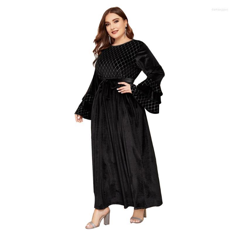 

Plus Size Dresses 2022 Trendy Women Solid Color Bell Sleeve Belt Waist Maxi Evening Party Wedding Velour Dress For 4XL 5XL, Black