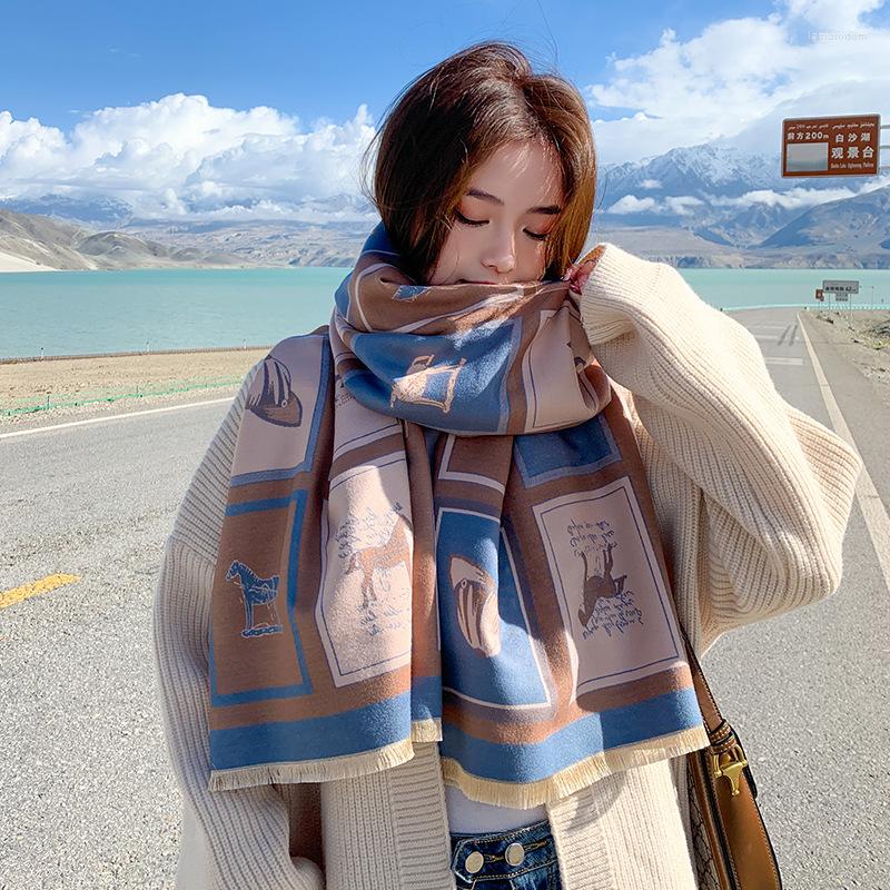 

Scarves 2022 Women Winter Cashmere Scarf Design Print Horse Shawl Wrap Pashmina Warm Thick Blanket Female Echarpe