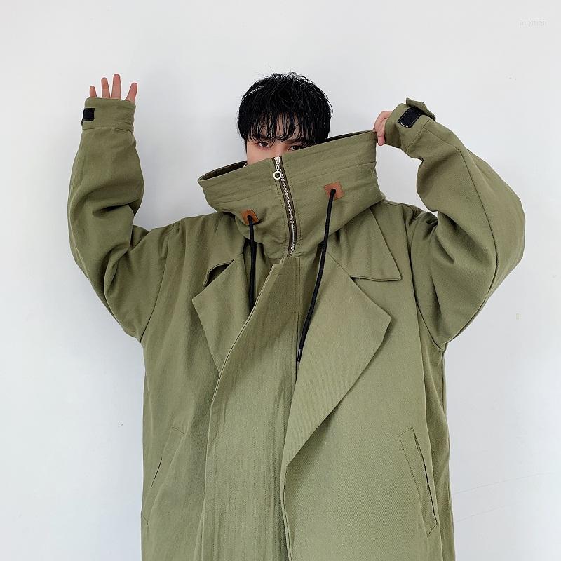 

Men's Trench Coats Men's Black Army Green Turn-down Collar Loose Coat Hooded Retro Long Style Outwear