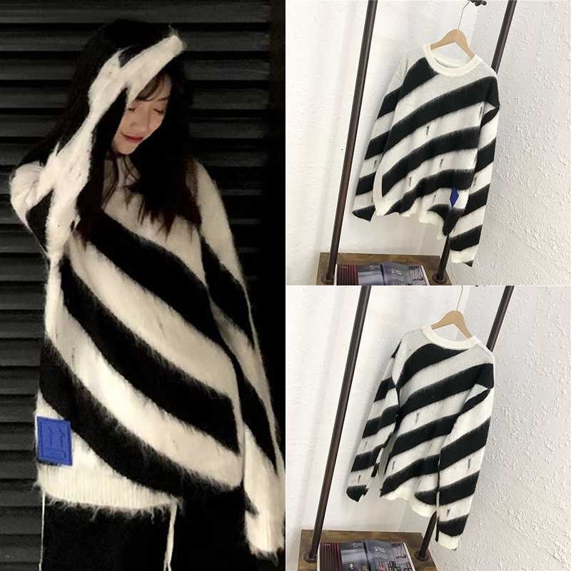 

Men Sweater Ow 21fw Zebra Line Hole Mohair Offs styles Style Black and White Arrow Men's Women's Same Lover's, High setting (black and white bar)