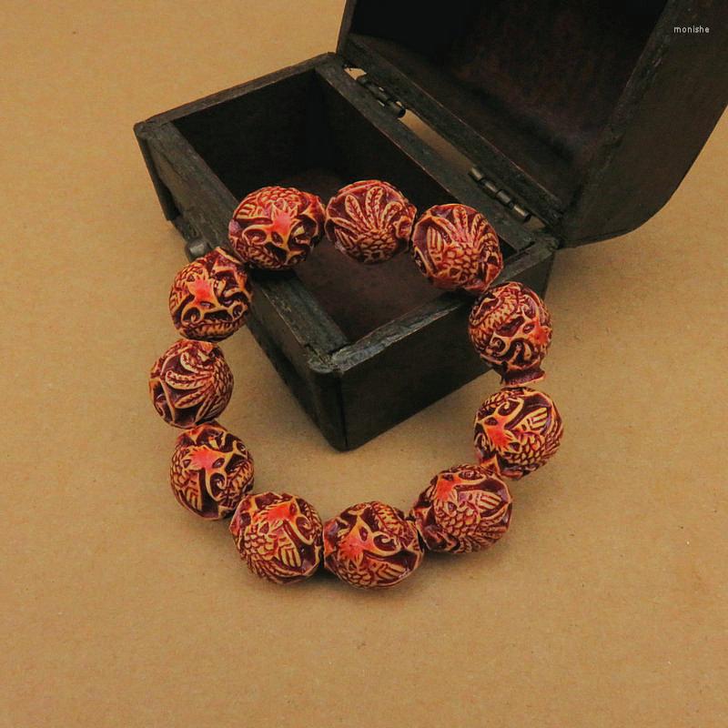 

Strand Engraved Characters Large Buddha Bead Bracelet Geometric Resin Carving Vivid Dragon Phoenix Beads Temple Fair Jewelry