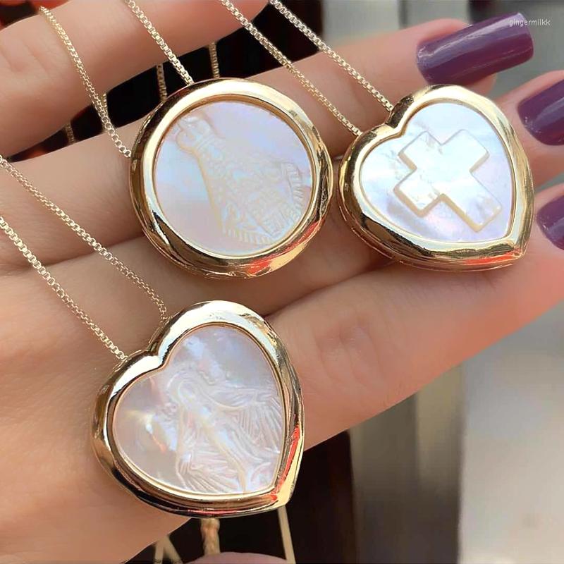 

Pendant Necklaces Natural Mother Pearl Shell Round Cross Heart Shaped Necklace For Women Gold Color Copper Chain Fashion Jewelry