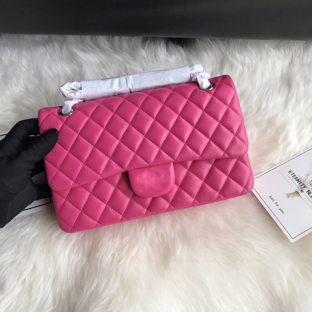 

Womens Clasic Double Flap Medium Fuchsia Quilted Bags Lambskin Gold/Silver Metal Hardware Maelasse Chain Crossbody Shoulder Multi Pochette Handbags 25CM, Box