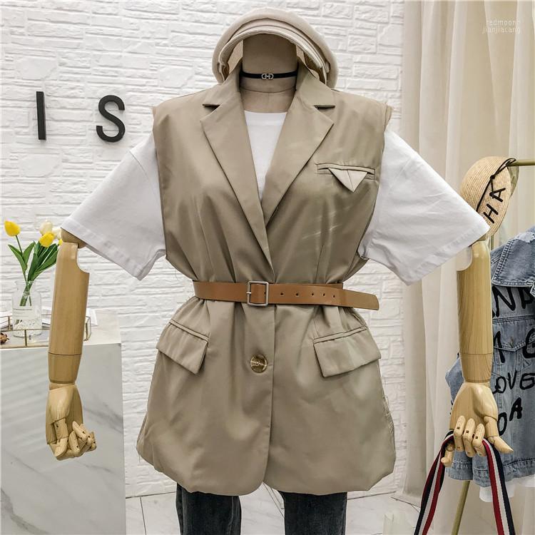 

Women's Vests Women's Spring Autumn 2022 Women Vintage Single-breasted Chic Burr Vest Coat With Belt Korean Black Deep Khaki Apricot