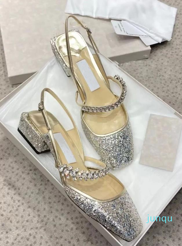 

Summer Brand Jill Slingback Sandals Shoes Crystal-embellishment Strappy Women's Pumps Twinkle-toed Square Heels Lady Comfort Walking 63