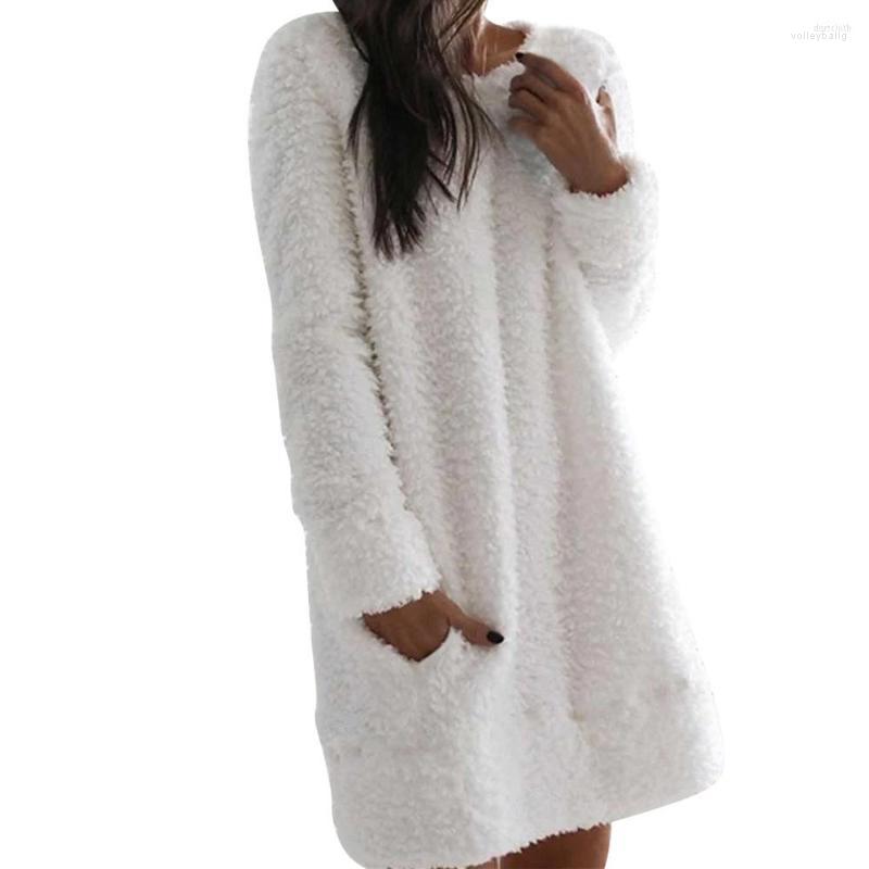 

Casual Dresses Simple Fashion Fluffy Plush Women Dress 2022 Autumn Winter Comfortable Hairy Warm Vestidos White Pink Black