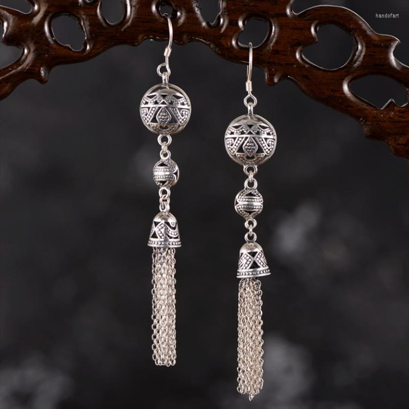 

Hoop Earrings Real 925 Sterling Silver Classic National Style With Retro Tassel And Hollow Pattern Fine Charm Jewelry For Women