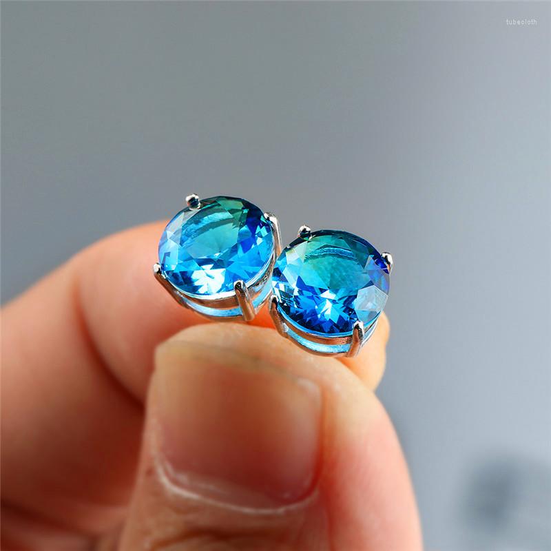 

Stud Earrings 6/7/8MM Round Aquamarine Gemstone For Women 925 Sterling Silver Blue Sapphire Female Wedding Jewelry Gift