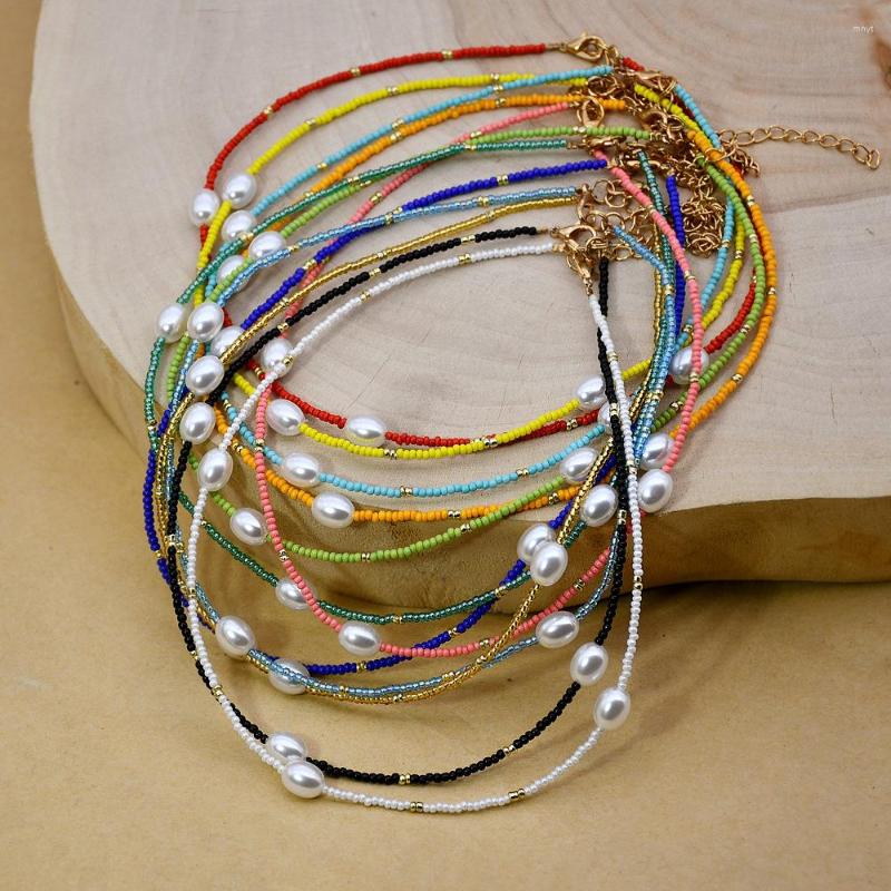 

Choker Bohemia Imitation Pearl Stone Necklace Handmade Colorful Rice Beads Chain Necklaces For Women Party Beach Jewelry Gifts