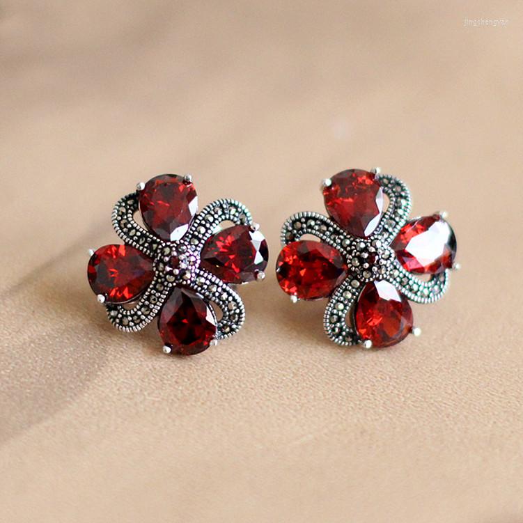 

Dangle Earrings 2022 Real Silver Cute Flower For Lady Elegant Red Garnet & Top Quality Zircon Fine Jewelry Anniversary