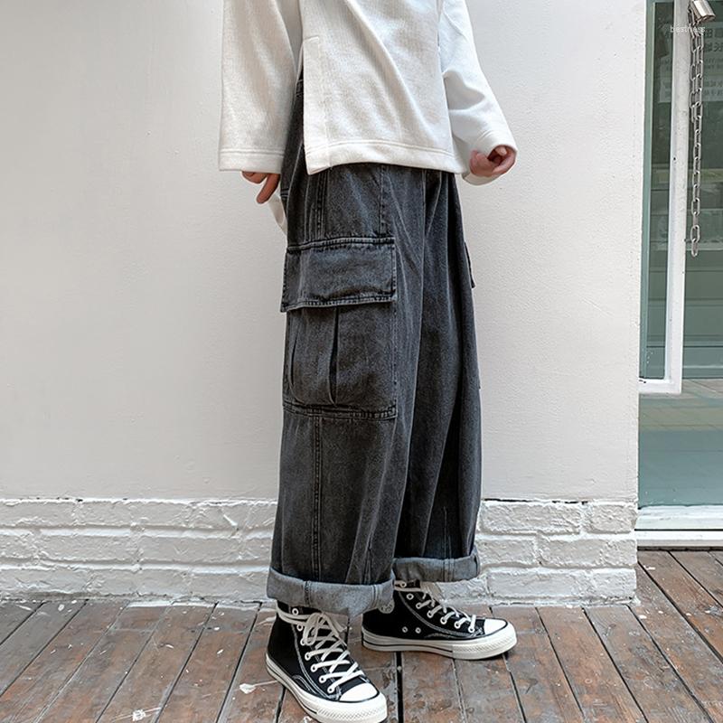 

Men's Jeans Men Wide Leg Denim Cargo Jean Pants Loose Straight Baggy Male Hip Hop Streetwear Skateboard Neutral Trousers, Black