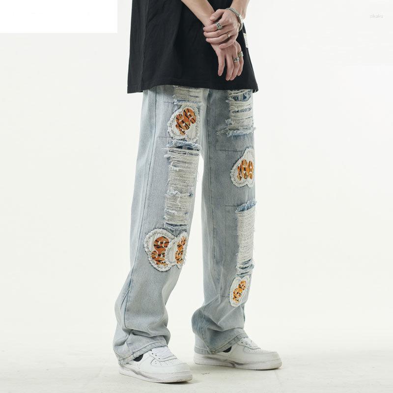 

Men' Jeans Ripped Men Hip Hop Embrodiery Patches Distressed Destroyed Hole Straight Denim Streetwear Summer Baggy Trousers Male, Blue
