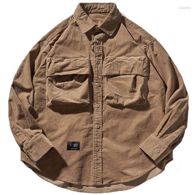 

Men's Down Men's Autumn American Retro Heavyweight Corduroy Cargo Shirt Men's 97% Cotton Washed Long Sleeve Double Pocket Casual, Dark grey