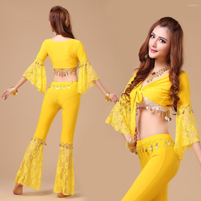 

Stage Wear Women Sexy Belly Dancing Costume Top Pants 2 Pcs Female Bellydance Practice Dance Clothes Performance 18, Blue