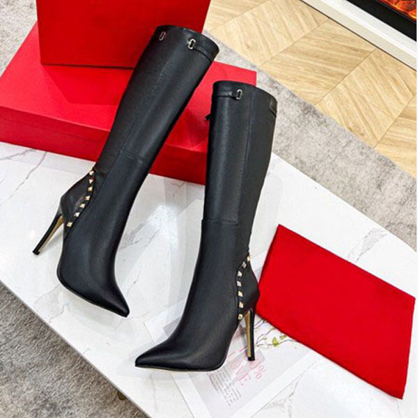 

Luxury New Valen Womens Rivet Boots Knee Ankle Winter High Heel 10CM Knight Motorcycle Rainboots Shoes Real Leather Size 35-41, With brand logo