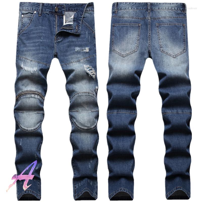 

Men's Jeans Zipper Decorated Men's Ripped Slim Fit Blue Autumn Winter Men Clothing