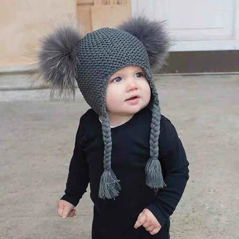 

Berets Autumn Winter Baby Kids Beanie 15 CM Real Fur Pompom Hat For Children Warm Wool Knitted Earflap Cap, Blue