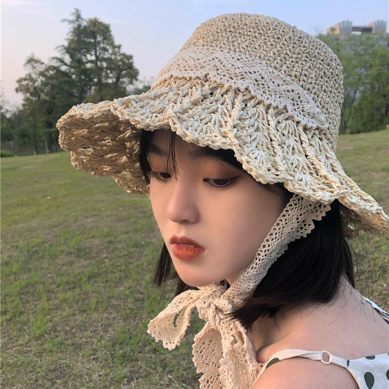 

Wide Brim Hats Korean Version Of Ins Lace Straw Hat Hollow Woven Sunscreen Sunshade Beach Big Eaves Women Sun Casqutes, Khaki