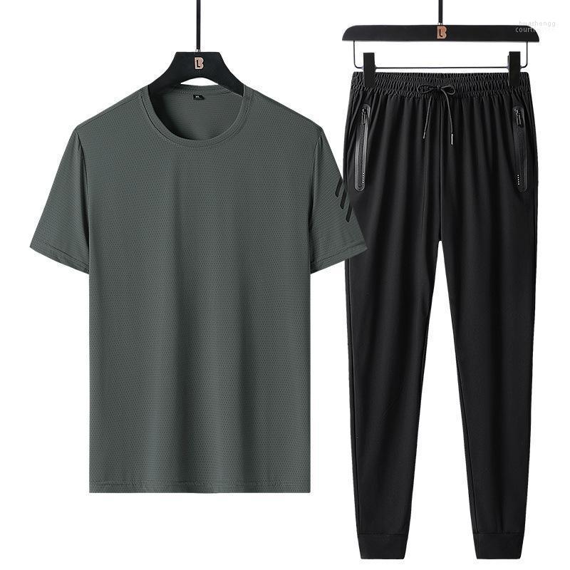 

Men's Tracksuits Men's Sports And Leisure Suit Ice Silk 2022 Summer Short Sleeve T-shirt Pants Fitness Running Two Piece, 813 white