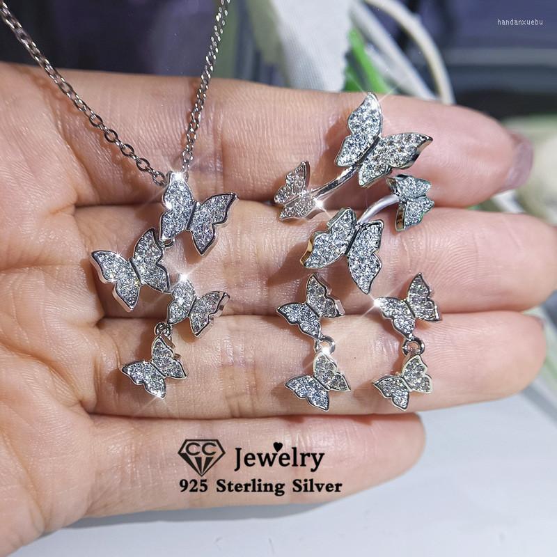 

Necklace Earrings Set Fine For Women Sterling Butterfly Cubic Zirconia Ring Drop Necklaces Pendants Wedding Accessories, Picture shown