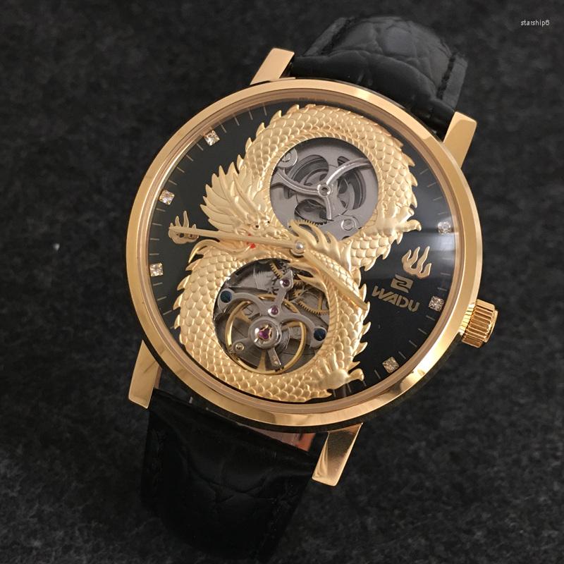 

Wristwatches Top Brand Carving Dragon Automatic Mechanical Men Watch Stainless Steel Gold Self-Wind Wrist Brown Leather Strap Clock, 02