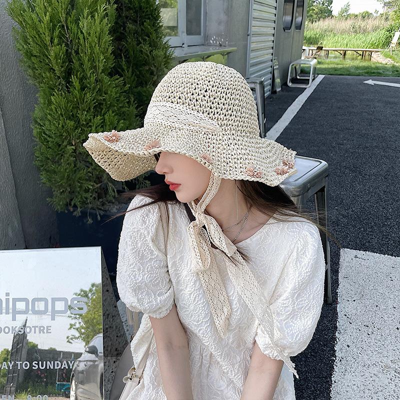 

Wide Brim Hats Summer Sunshade Outdoor Women's Straw Korean Version Of The Wild Japanese Flower Tie Large-brimmed Foldable Sun Caps, Khaki
