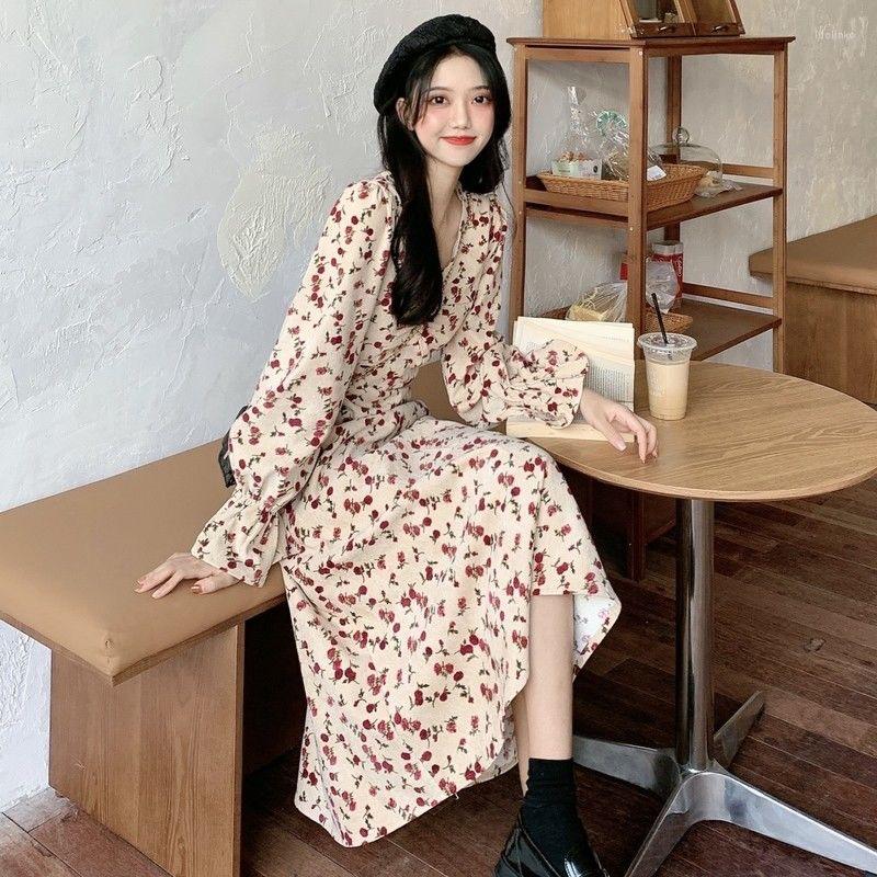 

Casual Dresses Floral Print Long Sleeve Dress For Women French Style Vintage V-Neck Mid-Length Spring Temperament Vestidos, As the photo