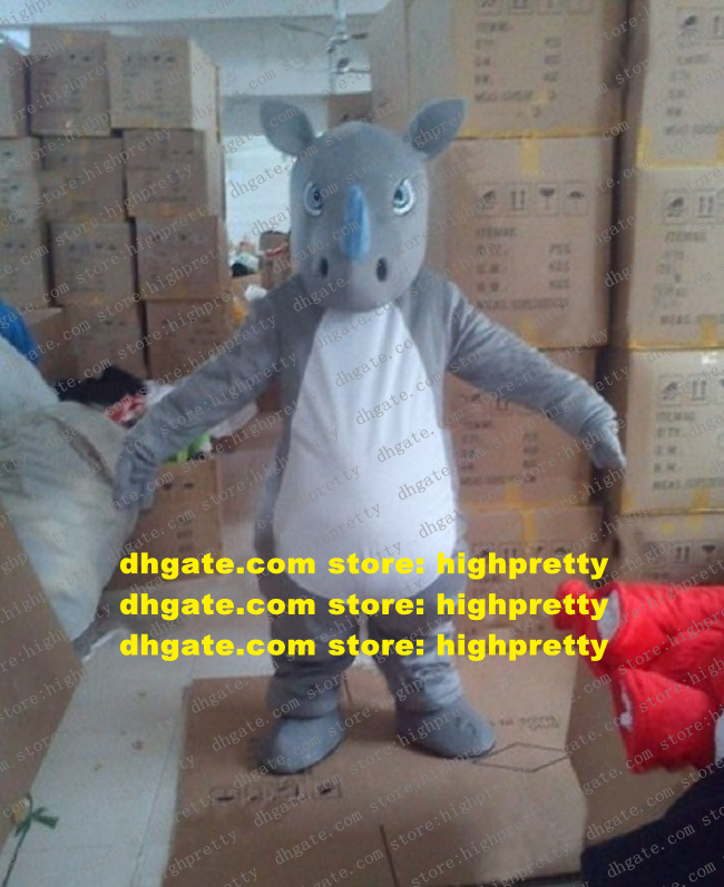 

Cool Grey Rhino Mascot Costume Mascotte Rhinoceros Adult With Small Blue Horns Big Blue Eyes Outfit Suit No.1973, As in photos